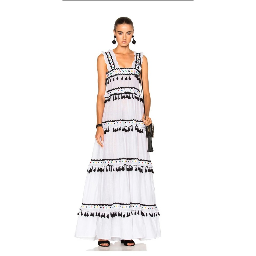 Dodo Bar Or Tiered Maxi Dress L White Cotton Gauze Rainbow Rivets Tassels Artsy